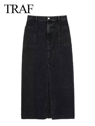 TRAF Fashion Midi Skirt Vintage Streetwear Поли Дамска черна дънкова пола с висока талия Женска дънкова пола с цепка Дълги поли за жени