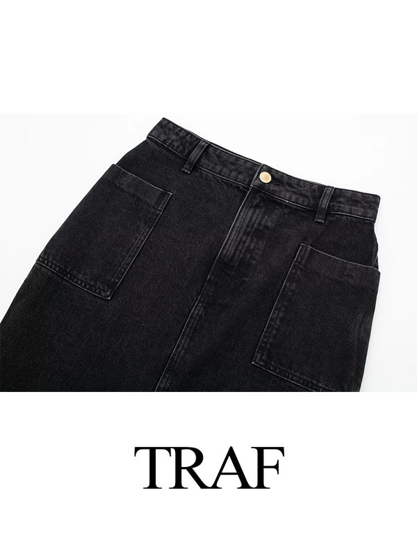 TRAF Fashion Midi szoknya Vintage Streetwear szoknyák női magas derekú fekete farmer szoknya női hasított Jean hosszú szoknyák nőknek