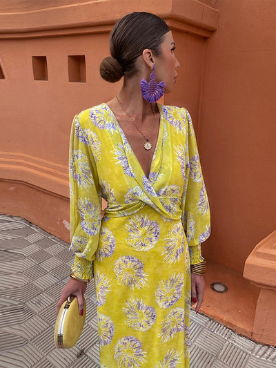 Női divatos nyomtatott V-nyakú ruha Női Elegáns, hosszú ujjú, magas derekú Midi ruhák Női Elegáns ingázó utcai ruhák