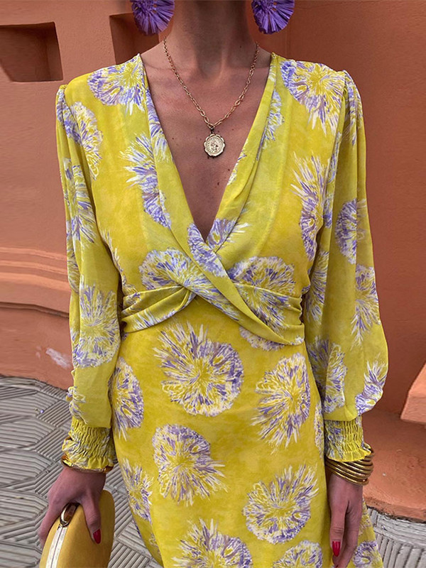 Női divatos nyomtatott V-nyakú ruha Női Elegáns, hosszú ujjú, magas derekú Midi ruhák Női Elegáns ingázó utcai ruhák