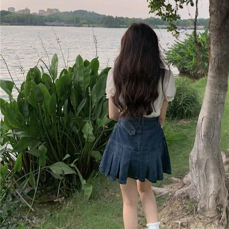 Dögös lány farmer szoknya női rakott szoknya Y2k divat, alkalmi egyetemi stílusú, magas derekú, vékony koreai utcai irodai női rövid szoknya