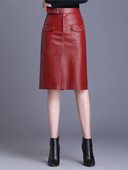 Női térdig érő PU bőr szoknya tavaszi őszi egyszínű alkalmi egyenes szoknyák PU bőr szoknyák 3 színben