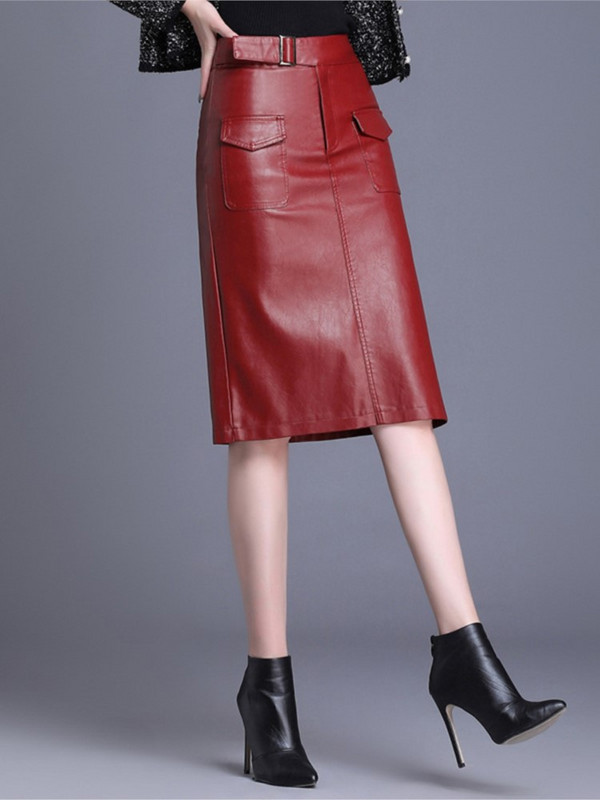 Női térdig érő PU bőr szoknya tavaszi őszi egyszínű alkalmi egyenes szoknyák PU bőr szoknyák 3 színben