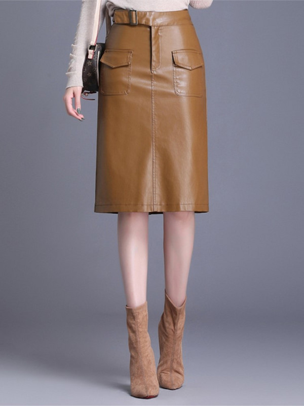 Női térdig érő PU bőr szoknya tavaszi őszi egyszínű alkalmi egyenes szoknyák PU bőr szoknyák 3 színben