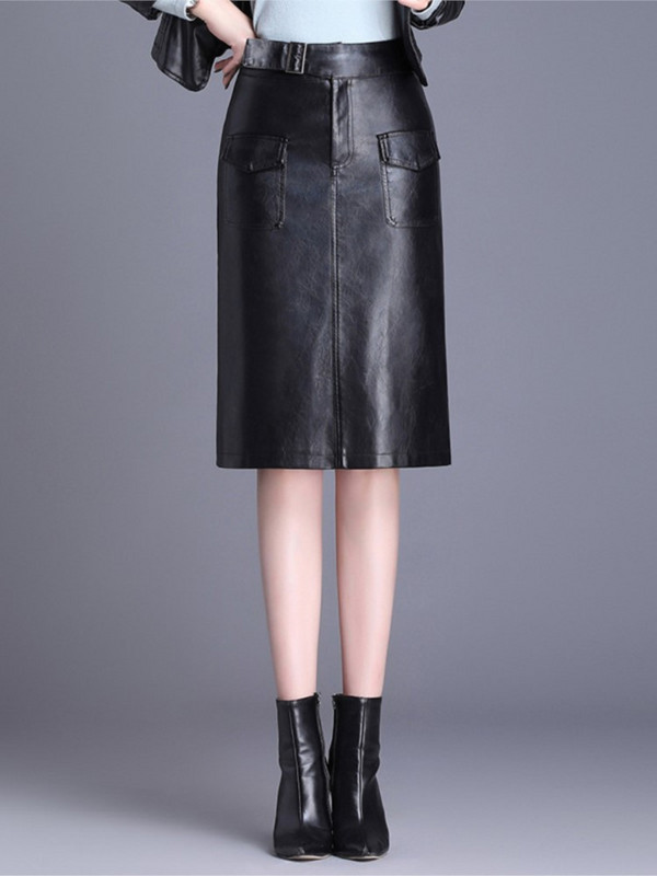 Női térdig érő PU bőr szoknya tavaszi őszi egyszínű alkalmi egyenes szoknyák PU bőr szoknyák 3 színben