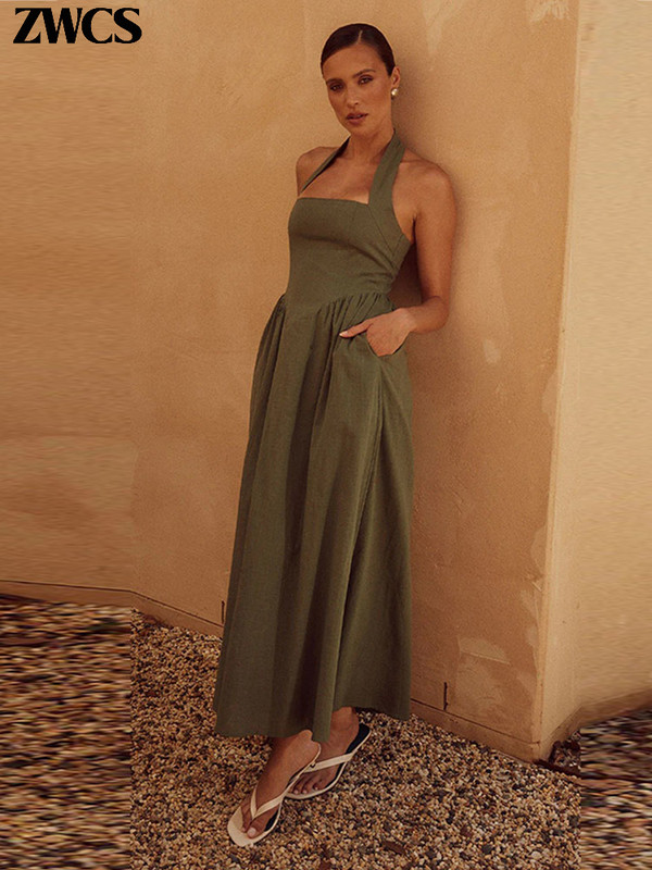 Letisztult rakott kötőfék spagetti pántos ruha női tömör hát nélküli cipzáras midi ruhák 2024 nyári hölgy alkalmi utcai köntös