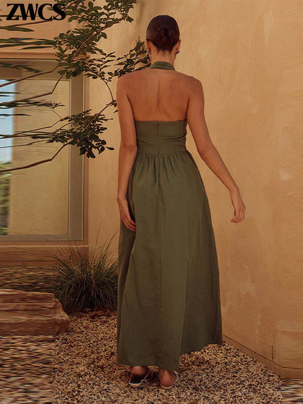 Letisztult rakott kötőfék spagetti pántos ruha női tömör hát nélküli cipzáras midi ruhák 2024 nyári hölgy alkalmi utcai köntös