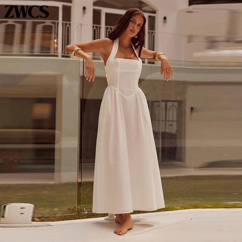 Letisztult rakott kötőfék spagetti pántos ruha női tömör hát nélküli cipzáras midi ruhák 2024 nyári hölgy alkalmi utcai köntös