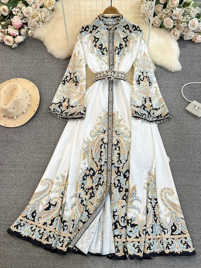 Fényes ujjú elegáns ruhák női álló nyakkal, vékony derékkal, egysoros Vestidos De Mujer koreai elegáns vintage nyári maxi ruha