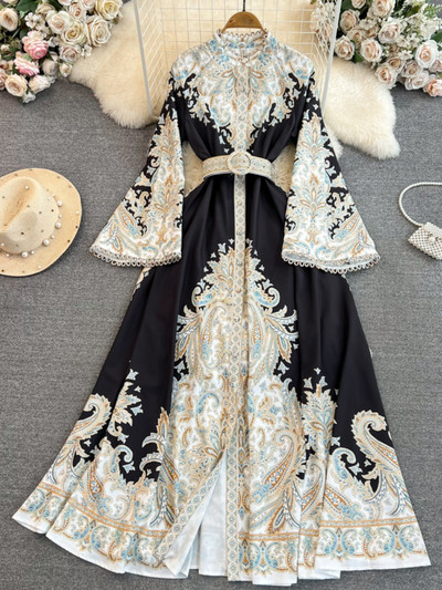 Fényes ujjú elegáns ruhák női álló nyakkal, vékony derékkal, egysoros Vestidos De Mujer koreai elegáns vintage nyári maxi ruha