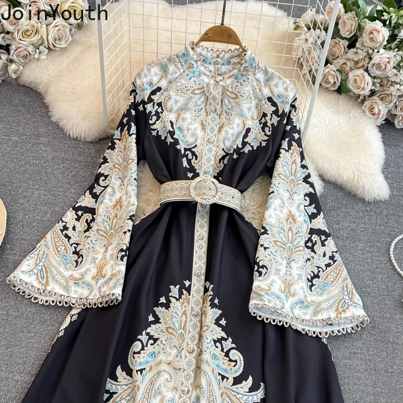 Fényes ujjú elegáns ruhák női álló nyakkal, vékony derékkal, egysoros Vestidos De Mujer koreai elegáns vintage nyári maxi ruha