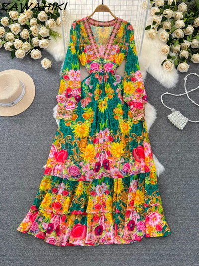 Maxi női ruhák divatos temperamentum V nyakú női köntös Vékony derék patchwork Vestidos virágos A-vonalas nyomtatott női ruházat