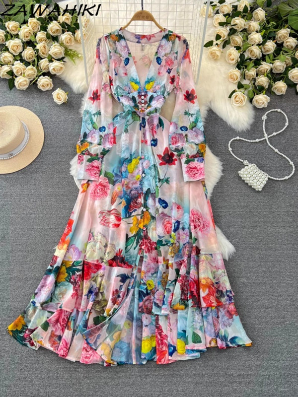 Maxi női ruhák divatos temperamentum V nyakú női köntös Vékony derék patchwork Vestidos virágos A-vonalas nyomtatott női ruházat