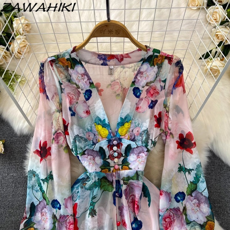 Maxi női ruhák divatos temperamentum V nyakú női köntös Vékony derék patchwork Vestidos virágos A-vonalas nyomtatott női ruházat