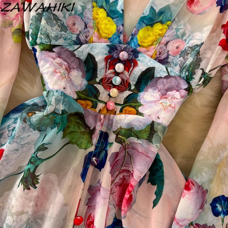 Maxi női ruhák divatos temperamentum V nyakú női köntös Vékony derék patchwork Vestidos virágos A-vonalas nyomtatott női ruházat