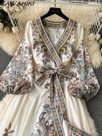 Robe Femme Été Korean Vintage Print Vestidos Плисирани бандажни женски дрехи Модни рокли с големи размери с тънка талия за жени 2024 г.