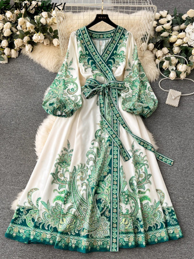 Köntös Femme Été koreai vintage nyomat Vestidos hajtogatott kötszer női ruhák divatos karcsú derék túlméretes női ruhák 2024