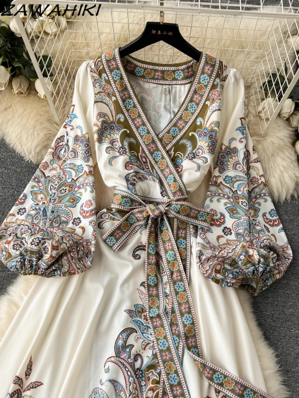 Köntös Femme Été koreai vintage nyomat Vestidos hajtogatott kötszer női ruhák divatos karcsú derék túlméretes női ruhák 2024