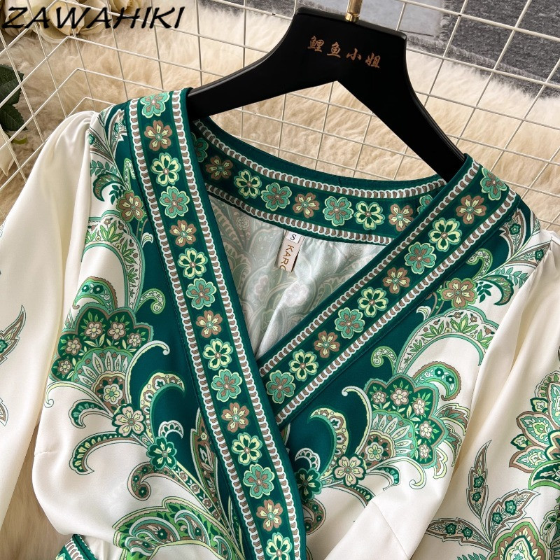 Köntös Femme Été koreai vintage nyomat Vestidos hajtogatott kötszer női ruhák divatos karcsú derék túlméretes női ruhák 2024