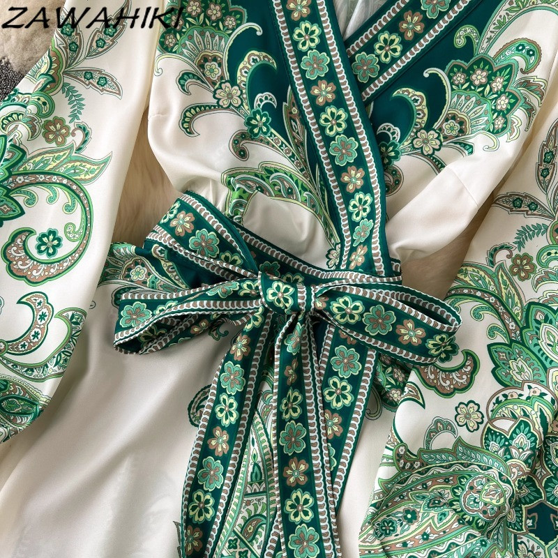 Köntös Femme Été koreai vintage nyomat Vestidos hajtogatott kötszer női ruhák divatos karcsú derék túlméretes női ruhák 2024