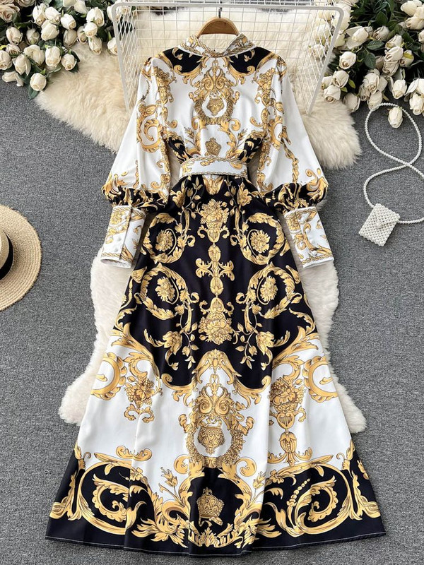 Új divatos Runway barokk maxi ruha női hosszú lámpás ujjú gombokkal lefelé arany virágmintás elegáns öves parti ruhák