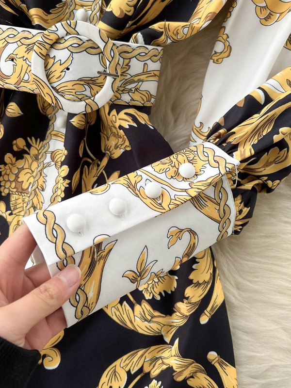 Új divatos Runway barokk maxi ruha női hosszú lámpás ujjú gombokkal lefelé arany virágmintás elegáns öves parti ruhák