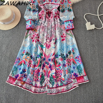 Vintage Vestidos De Fiesta Temperament Дълги рокли с тънка талия за жени Модни плисирани дамски дрехи с принт с V-образно деколте Ropa Mujer