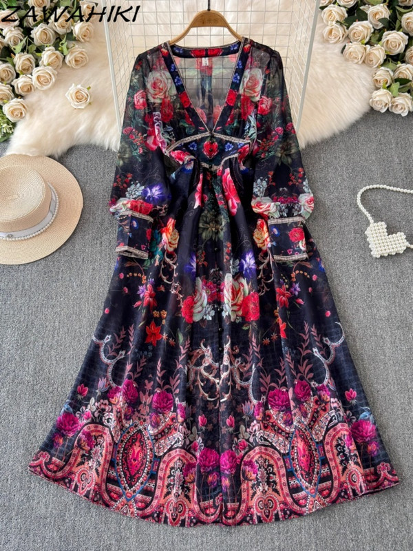 Vintage Vestidos De Fiesta Temperament karcsú derekú, hosszú női ruhák Divatos hajtogatott női ruhák V nyakú nyomat Ropa Mujer