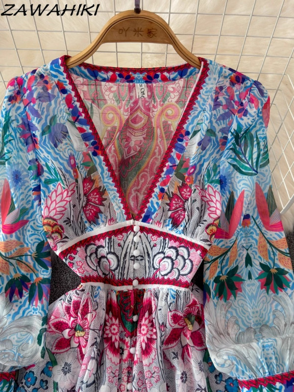 Vintage Vestidos De Fiesta Temperament karcsú derekú, hosszú női ruhák Divatos hajtogatott női ruhák V nyakú nyomat Ropa Mujer