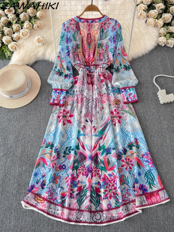 Vintage Vestidos De Fiesta Temperament karcsú derekú, hosszú női ruhák Divatos hajtogatott női ruhák V nyakú nyomat Ropa Mujer