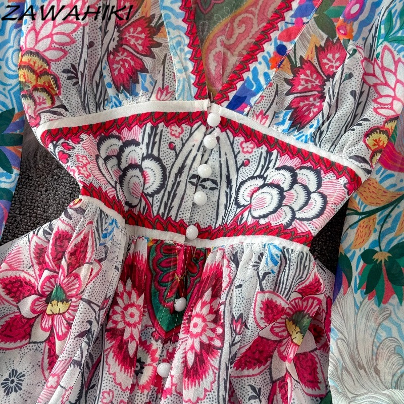 Vintage Vestidos De Fiesta Temperament karcsú derekú, hosszú női ruhák Divatos hajtogatott női ruhák V nyakú nyomat Ropa Mujer