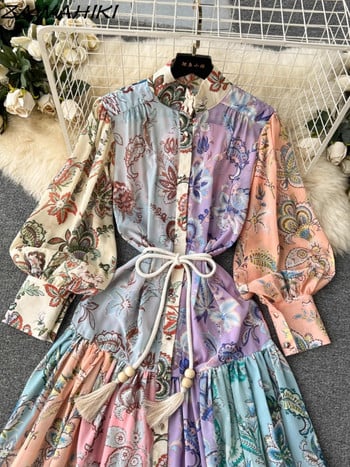 Шифон Темперамент Дълга рокля за жени с деколте корейски Femme Robe Puff Sleeve Vestido De Mujer Print Bandage Женско облекло