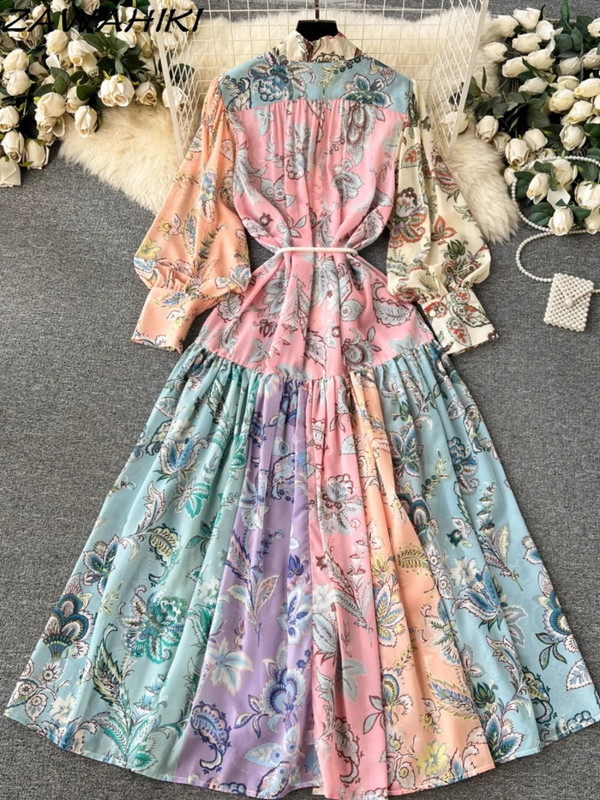 Sifon temperamentum hosszú női ruha álló nyakú koreai női köntös felfújt ujjú Vestido De Mujer nyomtatott kötszer női ruházat