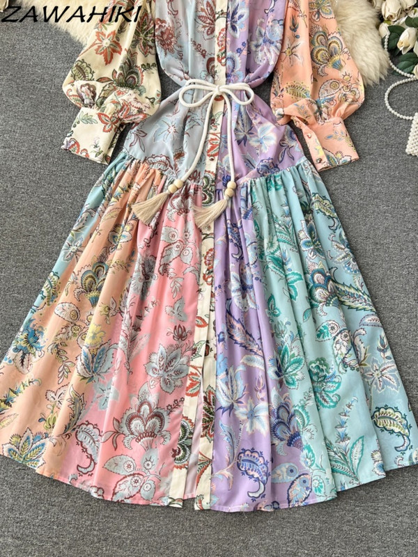 Sifon temperamentum hosszú női ruha álló nyakú koreai női köntös felfújt ujjú Vestido De Mujer nyomtatott kötszer női ruházat