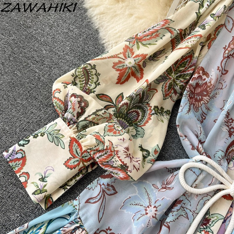 Sifon temperamentum hosszú női ruha álló nyakú koreai női köntös felfújt ujjú Vestido De Mujer nyomtatott kötszer női ruházat