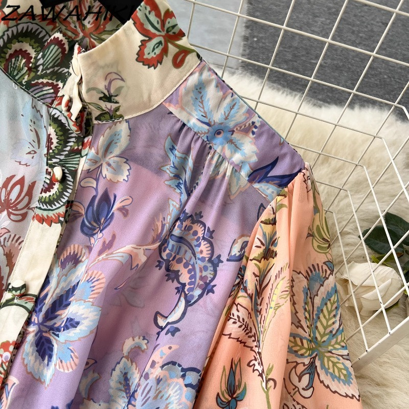 Sifon temperamentum hosszú női ruha álló nyakú koreai női köntös felfújt ujjú Vestido De Mujer nyomtatott kötszer női ruházat