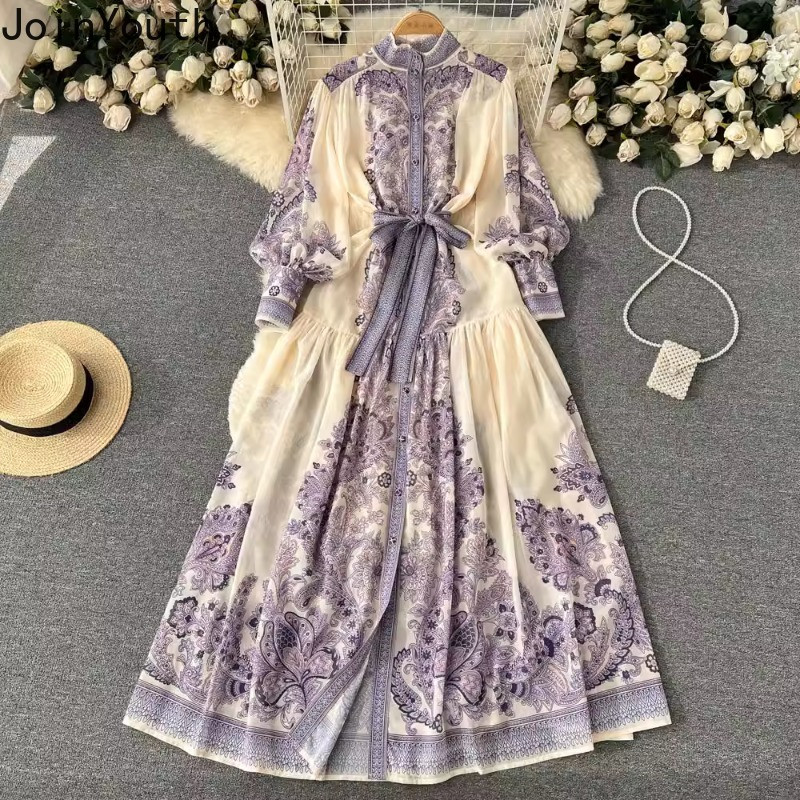 2024 Vestidos De Mujer koreai női maxi ruhák vékony derék, egysoros mintás sifon köntös női kötszeres vintage ruhák