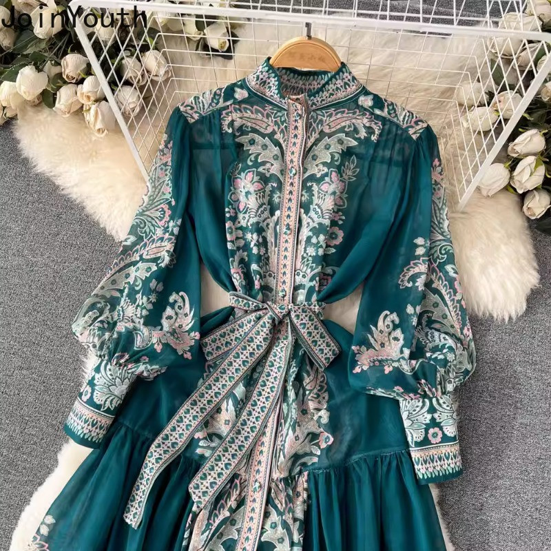 2024 Vestidos De Mujer koreai női maxi ruhák vékony derék, egysoros mintás sifon köntös női kötszeres vintage ruhák