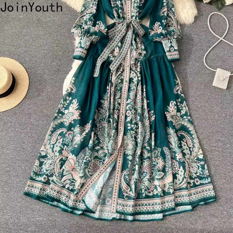 2024 Vestidos De Mujer koreai női maxi ruhák vékony derék, egysoros mintás sifon köntös női kötszeres vintage ruhák