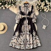 Vestidos női ruházat, hosszú női ruhák, retro fekete temperamentumos hímzés, lehajtható gallér Ropa Mujer karcsú deréknyomat