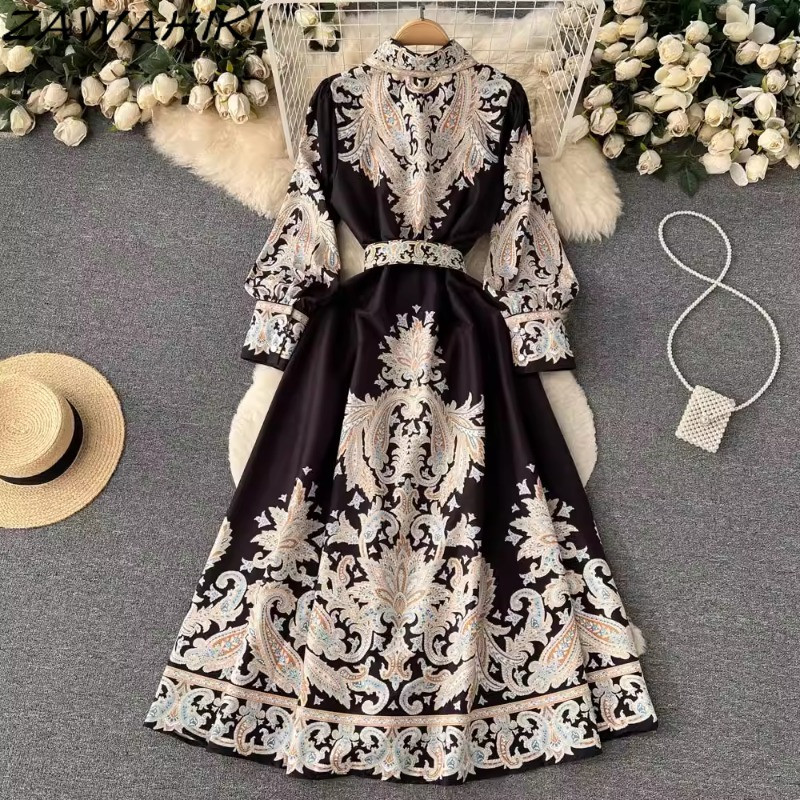 Vestidos női ruházat, hosszú női ruhák, retro fekete temperamentumos hímzés, lehajtható gallér Ropa Mujer karcsú deréknyomat