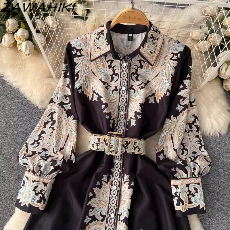 Vestidos női ruházat, hosszú női ruhák, retro fekete temperamentumos hímzés, lehajtható gallér Ropa Mujer karcsú deréknyomat