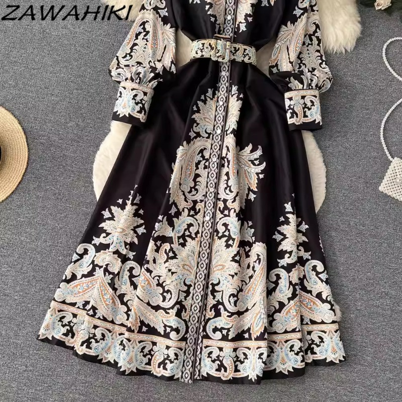 Vestidos női ruházat, hosszú női ruhák, retro fekete temperamentumos hímzés, lehajtható gallér Ropa Mujer karcsú deréknyomat