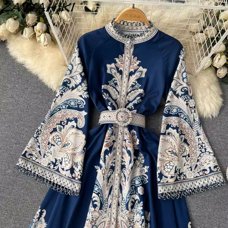 ZAWAHIKI Női ruha Tavasz ősz New Arrive Vintage O-nyakú, hosszú, kiszélesedő ujjú, melles szabálytalan redőzött Vestidos De Mujer