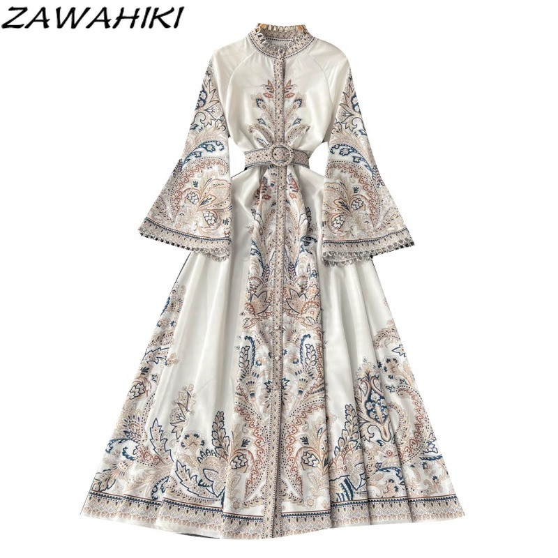ZAWAHIKI Női ruha Tavasz ősz New Arrive Vintage O-nyakú, hosszú, kiszélesedő ujjú, melles szabálytalan redőzött Vestidos De Mujer