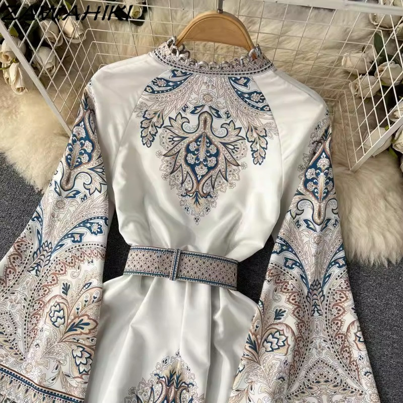 ZAWAHIKI Női ruha Tavasz ősz New Arrive Vintage O-nyakú, hosszú, kiszélesedő ujjú, melles szabálytalan redőzött Vestidos De Mujer