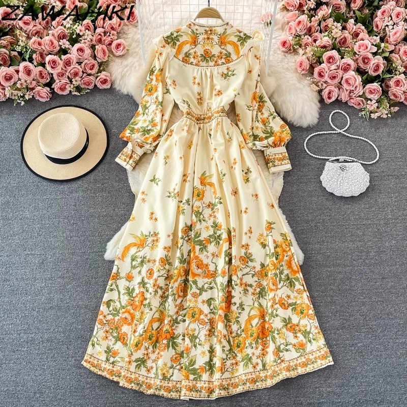 Temperament karcsú női köntös V nyakú lámpás ujjú Vestido De Mujer divat koreai női ruházat A-vonalú rakott hosszú ruha