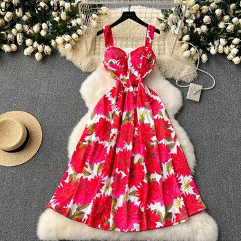 2024 Vestidos De Mujer Летни рокли за жени Туника без ръкави с цветя, прашка Robe Femme Vintage Fashion Folds Big Swing Dress