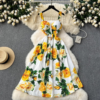 2024 Vestidos De Mujer Летни рокли за жени Туника без ръкави с цветя, прашка Robe Femme Vintage Fashion Folds Big Swing Dress