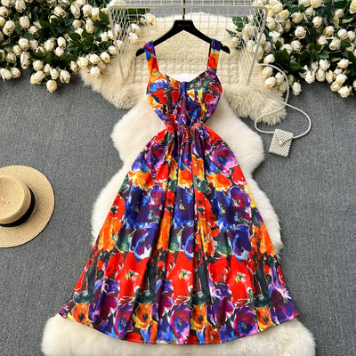 2024 Vestidos De Mujer nyári női ruhák Virágos ujjatlan tunika Sling köntös Femme Vintage Fashion összecsukható nagy lengő ruha